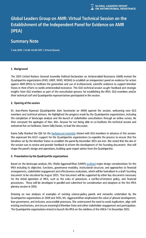 Summary note for the technical session on establishment of the Independent Panel on Evidence for Action (IPEA) Against AMR